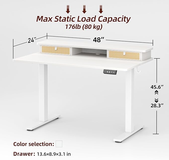 TIQLAB Standing Desk with Two Drawers, Stand Up Standing Desk Adjustable Height, Electric Sit Stand Table with Storage Shelf and Splice Board, 48 * 24 inch, White Wicker