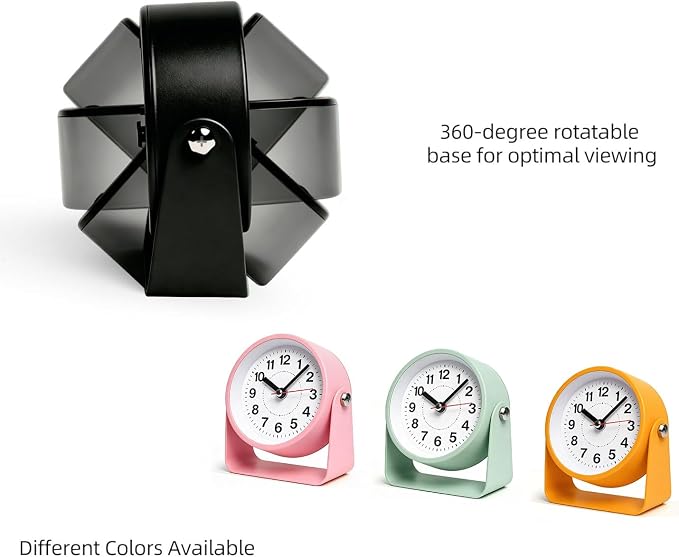 3.5" Analog Alarm Clock Snooze 360° Adjustable Angle | Small Retro Desk Clock Battery Operated, Silent Metal Table Clock with Snooze Night Light, Bedroom Bedside Clock for Adults