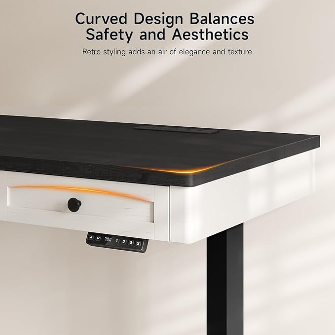 ONBRILL Standing Desk with 3 Drawers, 55 x 24 Inch Electric Height Adjustable Desk with Storage & Outlets, for Computer Workstation, Home Office, Retro Curved Table Corner & Drawers, Black