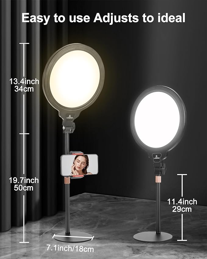 10'' Full Screen LED Ring Light with Adjustable Desk Stand, 3 Color Dimmable Video Conference Light for Zoom Meetings, Online Calls, Live Streaming, YouTube, TikTok, USB Powered with Phone Holder