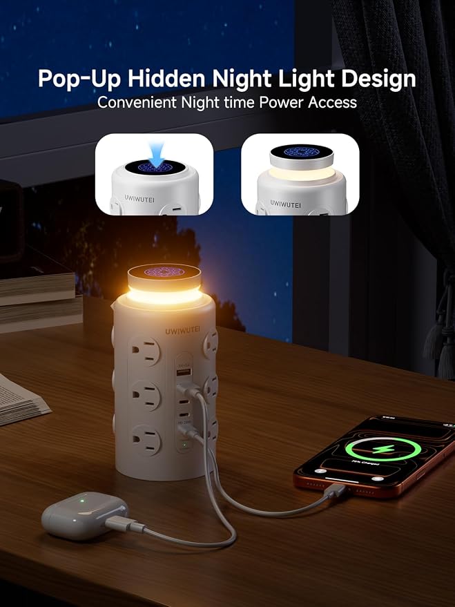 Tower Power Strip Surge Protector with Wireless Charging & Night Light - PD20W Fast Charging Station,12 Outlets, 5 USB (3 USB-C),1800J Protection, 6FT Extension Cord, Home Office Essentials(White)