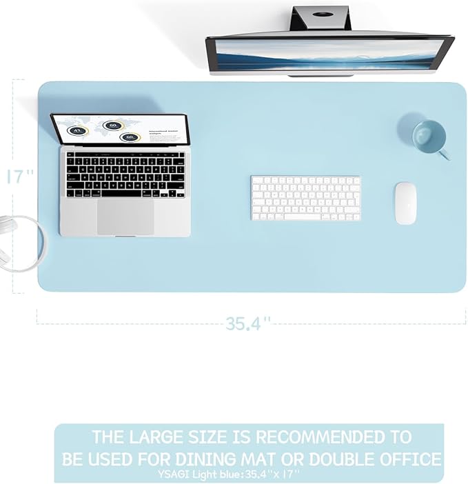 YSAGi Non-Slip Leather Desk Pad L Size, Waterproof Laptop Computer Desk Keyboard Mat, Table Protector Blotter Mat, Large Mouse Pad for Office/Work/Home/Decor(Sky Blue, 35.4" x 17")