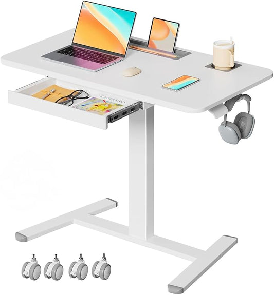 Mobile Standing Desk with Drawer, 35"×20" Small Desk, White | Portable Laptop Workstation with Cup Holder and Hooks, Height Adjustable Rolling Desk with Wheels, Teacher Classroom Use