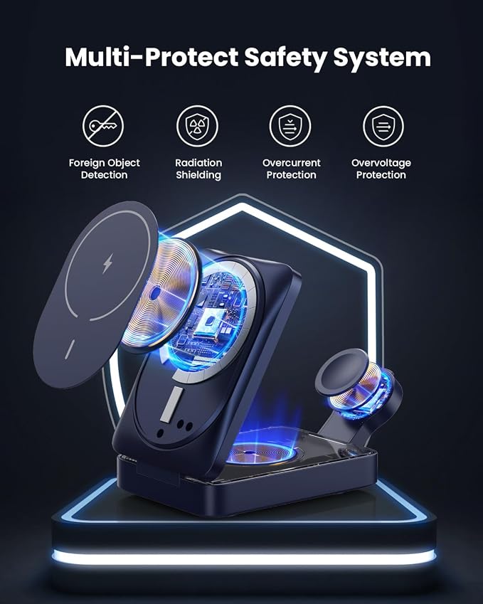 3 in 1 Wireless Charger Charging Station for iPhone,Travel Foldable Magnetic 15W Fast Wireless Charger Stand for Mag-Safe with 30W USB C Adapter for iPhone 17/16/15/14/13/12,Apple Watch,AirPods