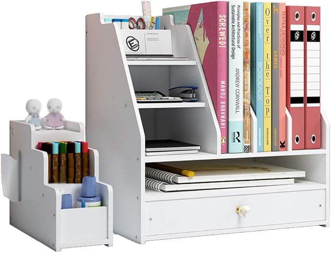 Desk Organizer with Pen Holder, DIY White Office Stationery Desktop Storage Holder Sorter with Drawer for Home, Office and School (PB04)