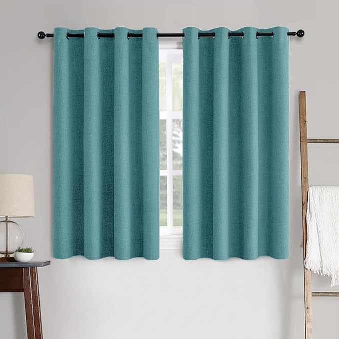 MIULEE 100% Blackout Linen Textured Curtains for Bedroom Solid Thermal Insulated Teal Grommet Room Darkening Curtains & Drapes Luxury Decor for Living Room 52 x 54 Inch (2 Panels)