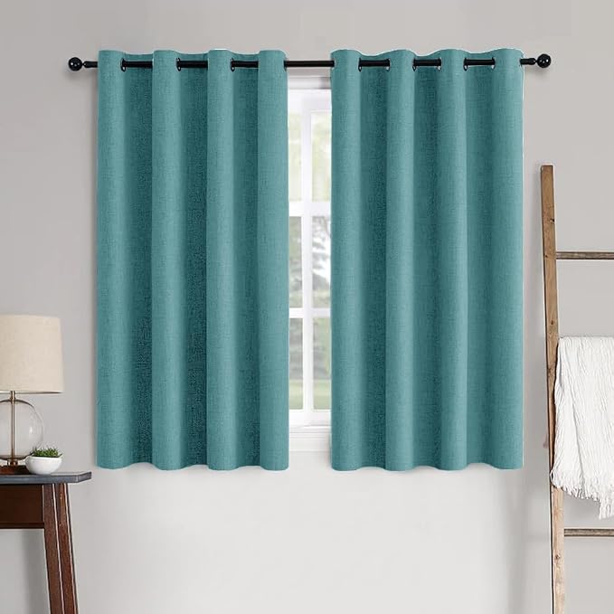 MIULEE 100% Blackout Linen Textured Curtains for Bedroom Solid Thermal Insulated Teal Grommet Room Darkening Curtains & Drapes Luxury Decor for Living Room 52 x 45 Inch (2 Panels)