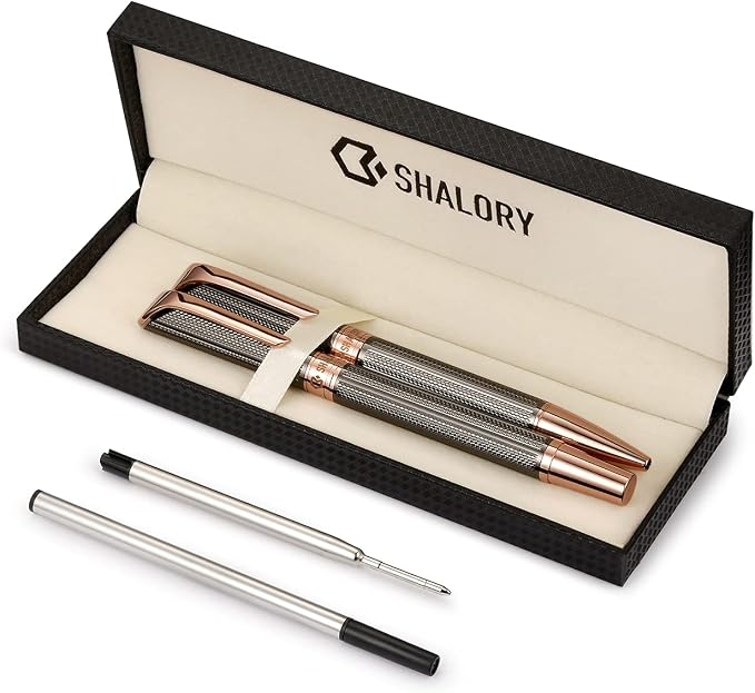 Ballpoint and Rollerball Pen Set, Stylish Line Engraved Metal Pen Elegant Smooth Writing Gift Pen (2 Pens with 2 Extra Refills)