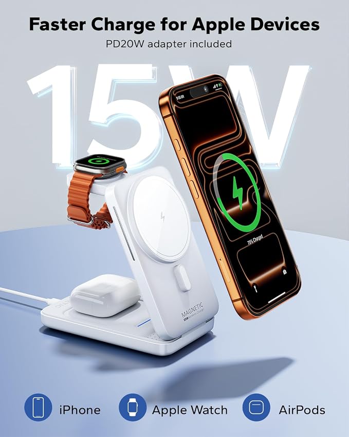 KPON 3-in-1 for Magsafe Charging Station, Foldable Travel Charger Stand for Apple, Wireless Magnetic Charging Dock for Multiple Devices iPhone 17 16 15 14 13 12 Series/Apple Watch/Airpods