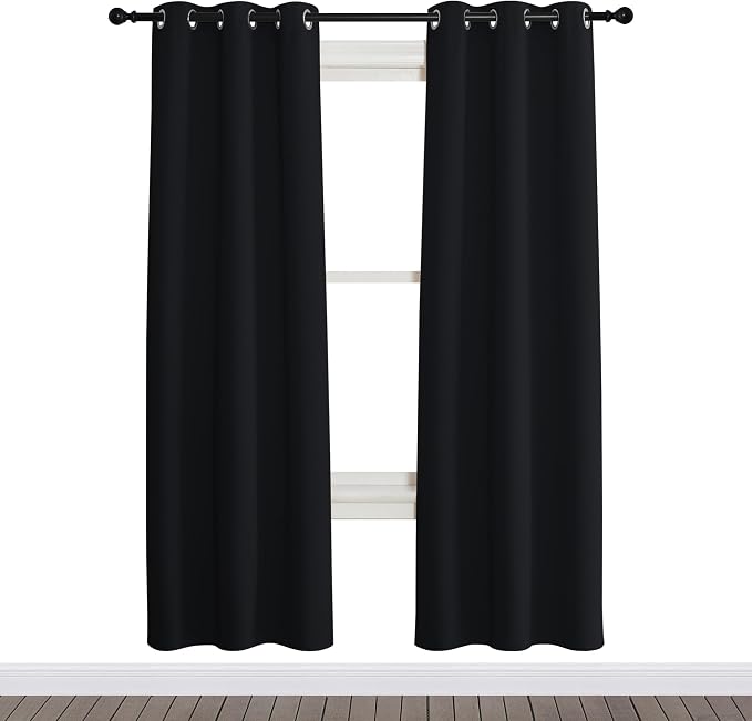 NICETOWN Black Out Curtain Panel Shade, Single Piece, 34 inches Wide by 72 inches Long, Black, Solid Energy Efficient Eyelet Top Window Blind for Guest Room