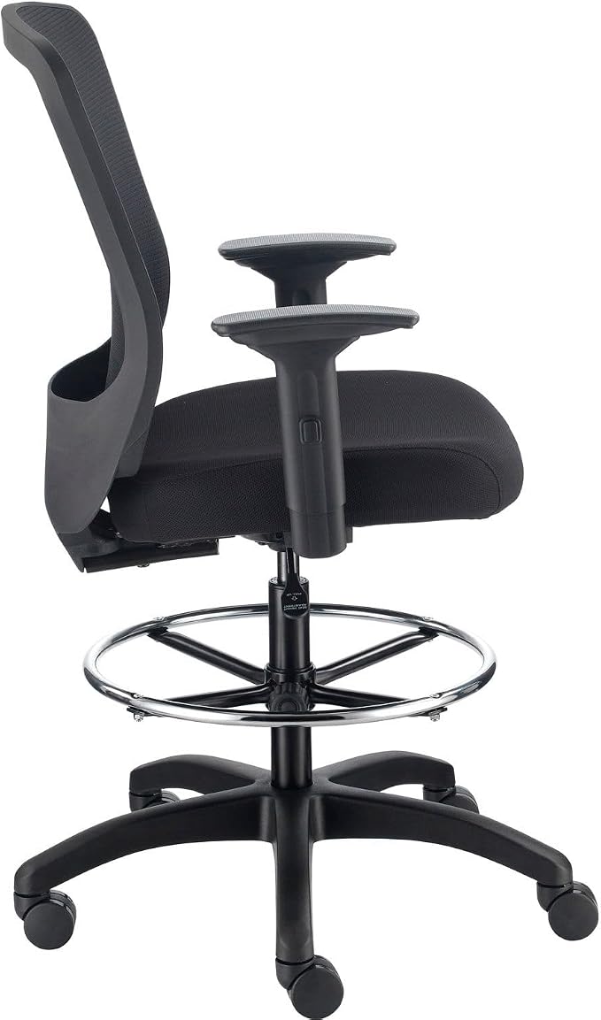 Global Industrial Interion Mesh Back Task Stool with Adjustable Arms, High Back, 3" Thick Fabric Seat, 5-Star Base with Swivel Casters, 350 Lbs Capacity, Black
