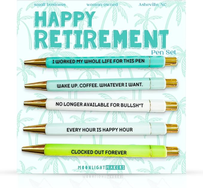Moonlight Makers Funny Pens and Notepad Stationery Set - 5 Sarcastic Engraved Ballpoint Pens, Black Ink, Funny Office Gifts for Women, Teachers, Coworkers, Novelty Gag Gift Set - Happy Retirement Pen