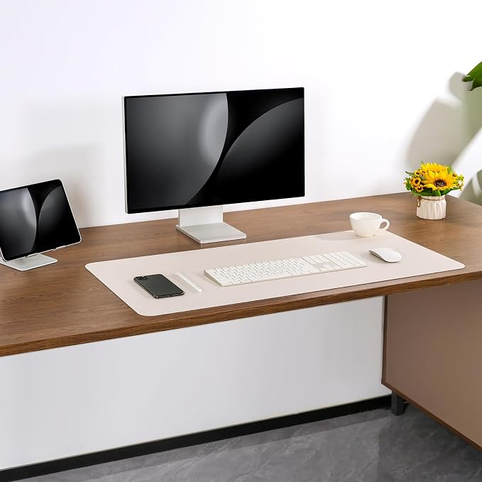 Dual Sided Desk Pad Faux Leather Desk Mat Large Mouse Pad | Desk Pad Protector Non-Slip Waterproof Desk Mouse Pad for Writing Desk, Office, Home(White Gray 35.4"X17")