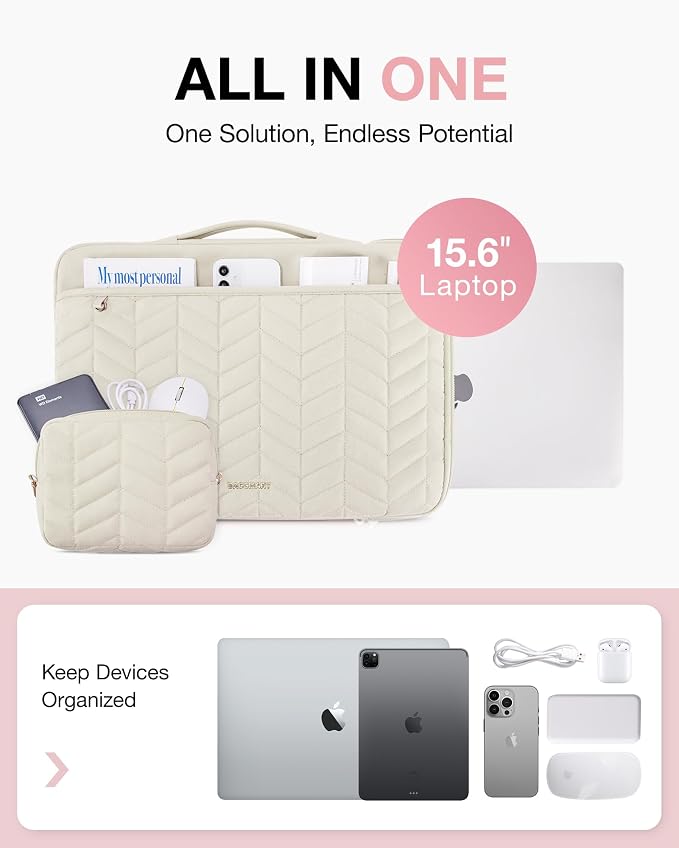 BAGSMART Laptop Case with Handle, Puffy Padded Laptop Bag Sleeve for Women, Portable MacBook Air/Pro Computer Case, 15-16 inch, Beige