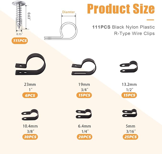 mankk 222PCS Cable Clips Wire Clips Assortment Kit Nylon Plastic R-Type Cable Clamps 6 Sizes (3/16'' 1/4'' 3/8'' 1/2'' 3/4'' 1'') Wire Mounting Clips with Screws for Cable Management