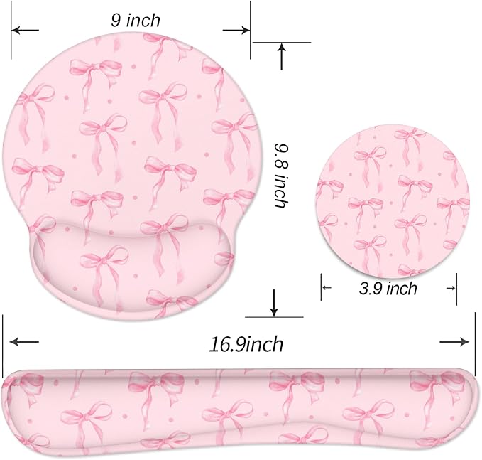 Ergonomic Mouse Pad with Wrist Rest and Keyboard Wrist Rest, Mousepad and Wrist Rest for Computer Keyboard, Non-Slip Rubber Base, Mouse Pad Wrist Support for Gaming, Pink Bow