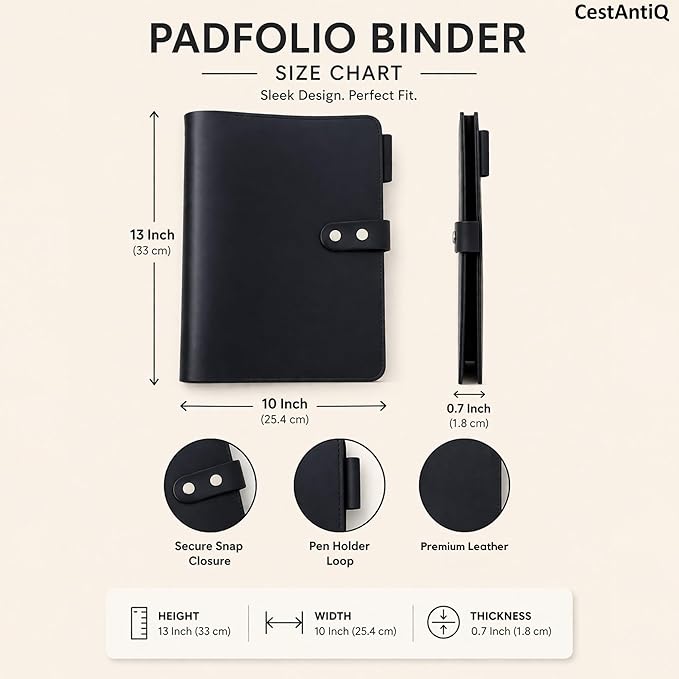 Premium Leather 3-Ring Binder Portfolio, 8.5x11 Inch Letter Size Organizer Folder, Refillable 3-Hole Paper BusinessBinder, Resume Folio for Men and Women (Black)