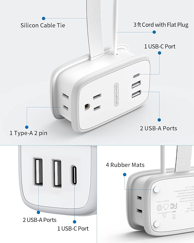 2 Pack Power Strip with USB C Ports, 2 Outlets 3 USB Ports, NTONPOWER Small Power Strip with 3ft Short Extension Cord Retractable, Compact Size for Travel Home Office Hotel Cruise Essentials, White