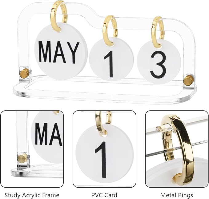 Acrylic Perpetual Desk Calendar 2023-2024 Standing Flip, Vintage Desktop Flip Calendar with Acrylic Month Date Large Display Blocks, Daily Flip Calendar for Home Office Decor Desk Accessories (Style
