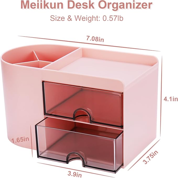 Meiikun Desk Organizer with Drawer, Pen Organizer for Desk, Small Pencil Holder, Desk Organizers and Accessories for Office Home Storage (2 Drawers+4 Compartments, Pink)