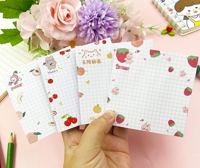 Cute Sticky Notes, 4Pack(320 Sheets) Kawaii Sticky Notes Colorful Super 3.1x3.1in Self-Stick Pads Unique Cute Fruit Patterns Sticker Note