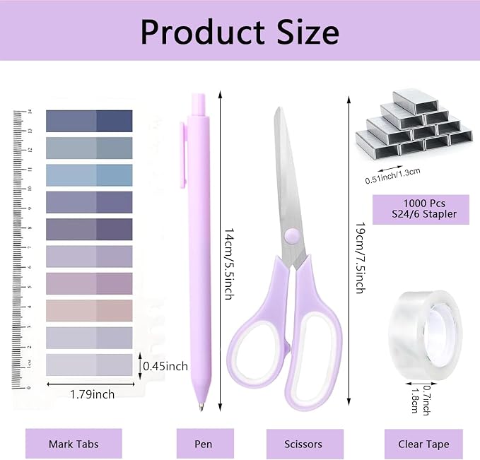 Office Supplies,Purple Desk Accessories,Office Supplies Set,Stapler and Tape Dispenser Set,Scissors,Staple Remover,Binder Clips,Staples,Ballpoint Pen,Index Tabs with Ruler,Clear Tape.9pcs for Office