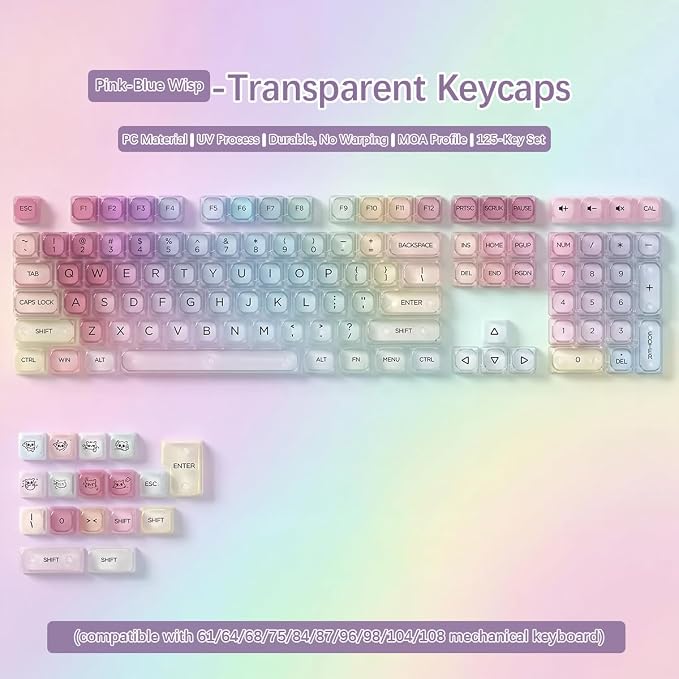 Sunzit Transparent Keycaps-Soft Color 125 Keys, MOA Profile Keycap Set, Custom Minimalist Style Keycaps, Fully Backlit Key Cap for MX Switches Mechanical Keyboard