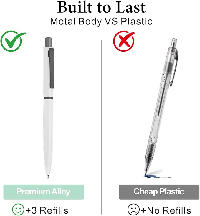 Cambond Ballpoint Pens Black Ink - Metal 1mm Medium Point Smooth Writing Click Pens Bulk, Retractable Black White Blue Fancy Pen for College Student Office Woker Nurse(3 Pens with 3 Refills)