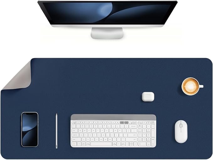 Dual Sided Desk Pad Faux Leather Desk Mat Large Mouse Pad | Desk Pad Protector Non-Slip Waterproof Desk Mouse Pad for Writing Desk, Office, Home(Light Gray Blue 35.4"X17")