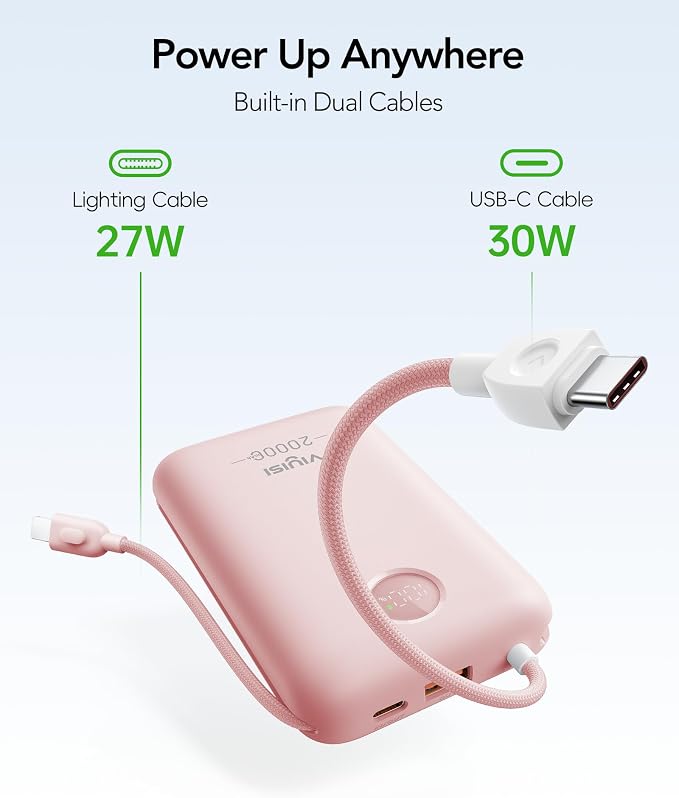 VIYISI Power Bank 20000mAh 30W Fast Charging Portable Charger with Built-in Cables & LED Display, USB C Battery Pack for iPhone 17/16/15/14, Samsung, iPad and Android Phones, Ideal for Travel-Pink