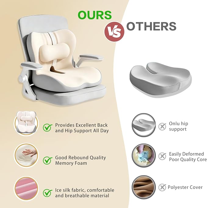 Office Chair Cushion with Adjustable Lumbar Support Pillow, Ergonomic Memory Foam Seat Cushion for Desk Chair, Tailbone Pressure Relief Cushion with Back Support Pillow for Car Seat