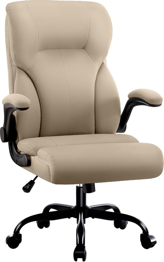 Executive Office Chair,High Back Ergonomic Comfy Desk Chair with Padded Flip-up Armrests and Wheels,PU Leather Heavy Duty Computer Swivel Rolling Task Chair for Home Office,Adults,Khaki