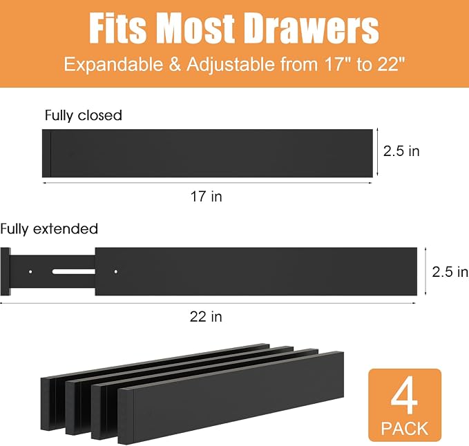 Bamboo Drawer Dividers, Adjustable Drawer Organizers, Fits 17.6–21" Drawers | 2.5" High, 4 Pack Expandable Drawer Separators for Kitchen, Nursery, Dressers & Office Storage, Black