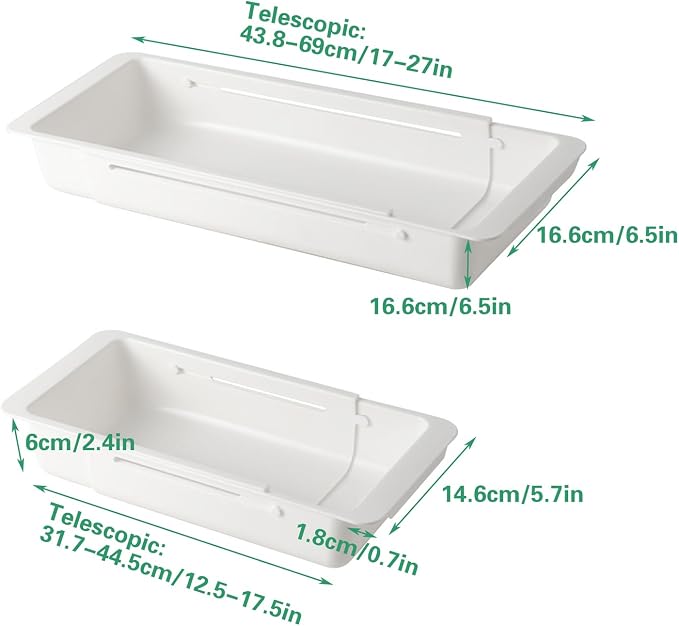 SnowTing 2 PCS Deep Drawer Organizer, 2 Sizes Expandable & Adjustable White Plastic Organizer, Sliding Drawer Storage Bins for Kitchen Utensils, Office Supplies, Cosmetics, Tools