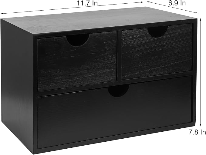 Rustic Distressed white 3-Tier Wood Desk Organizer with 3 Drawers Mini Storage Shelf, Toiletries Vanity Office Supplies (pitch-dark)