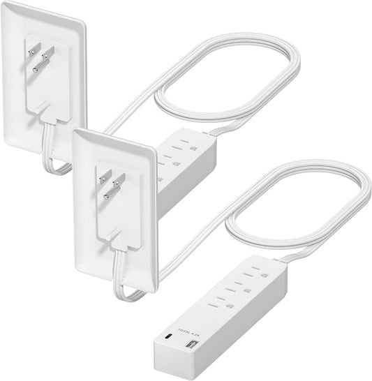LIDER Outlet Extender with 3 Receptacles, 12W USB-A & USB-C, Ultra-Thin Wall Plate Plug with Cord Extender, 3-Outlet Power Strip, Flat-Face, 3ft Cord, 1625W, ETL Listed, Matte White, 2-Pack