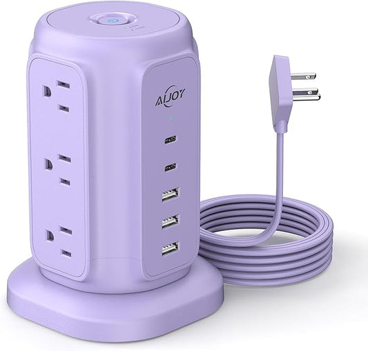 AiJoy Flat Plug Power Strip Tower with 9 AC Outlets and 5 USB Ports | USB Charging Station with 1200J Protection, 6 Feet Extension Cord for Apartment Essentials, Desk Accessories for Women