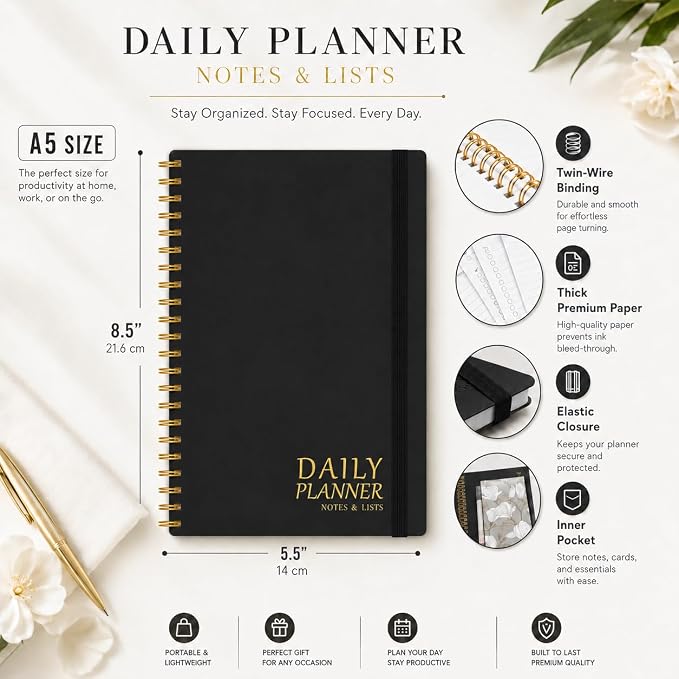Daily Planner with Hourly Schedules - Undated To Do List Notebook for Work and Study, Spiral Bound, 5.5" x 8.5", Easily Manage Tasks and Appointments - Black