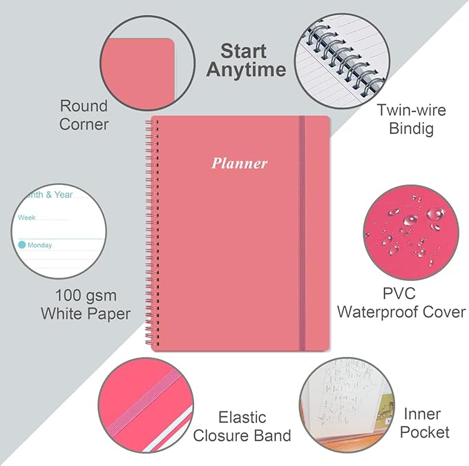 Undated Planner Pro - 8.5" x 11" Weekly & Monthly Planner to Achieve Goals & Increase Productivity, 12 Months Undated Agenda Daily Planner, Start Anytime, Pink