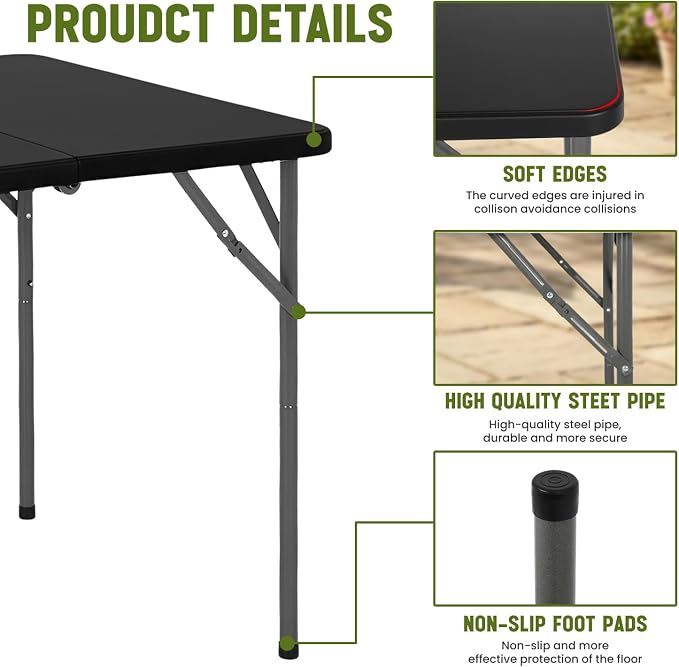 FDW 34" Square Plastic Folding Card Table, Portable Fold-in-Half Plastic Picnic Party Table with Carrying Handle, Black