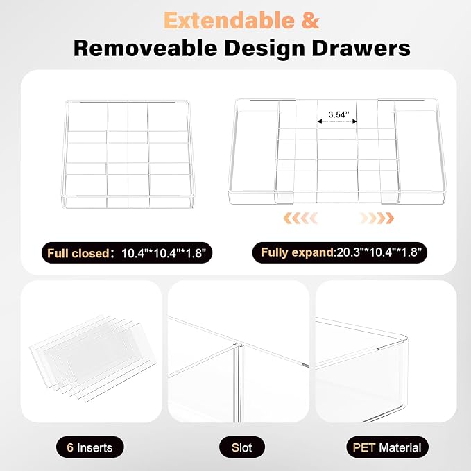 Acrylic Expandable Desk Drawer Organizer with 11 Adjustable Compartments | and 6 Removable Dividers Desk Accessories for Office Kitchen Bathroom Makeup and Utensil Junk Storage (Clear, 3Pcs)