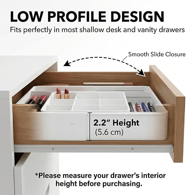 4-Way Expandable Drawer Organizer, 2.2" Low Profile Tray, White | Up to 13 compartments with 6 adjustable dividers & anti-slip pads. Ideal desk tray for office stationery & makeup vanity.