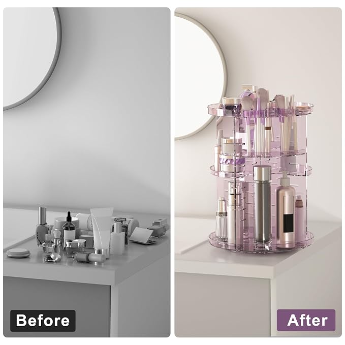 Rotating Makeup Organizer, DIY 8 Adjustable Layers Spinning Skincare Storage, Cosmetic Display Case with Brush Holder and Perfume Tray, Multi-Function Vanity Bathroom Countertop Organizer Clear Purple