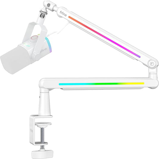 FIFINE RGB Microphone Boom Arm, Low Profile Rotatable Desk Mount Microphone Stand with Cable Management for Podcast, Streaming, Gaming, Studio-BM88ProW