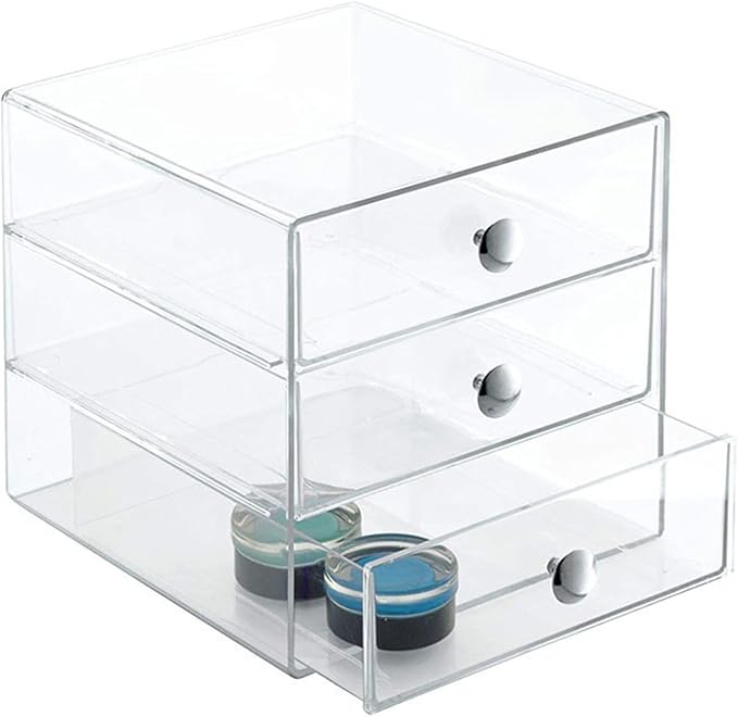 AJIODA Makeup Drawer Organizer Box with 3 Drawers, Acrylic Cosmetic Display Case Vanity Organizer Jewelry Storage Box Stackable Storage for Cosmetics, Skin Care, Bathroom, Countertop, Silver Handle