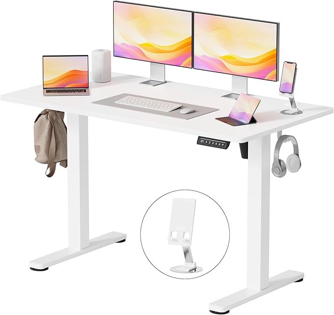 YESHOMY Height Adjustable Electric Standing Desk, 46 x 24 Inches Memory Home Office Sit Stand up Desk with Phone Holder and USB Charging Port, White