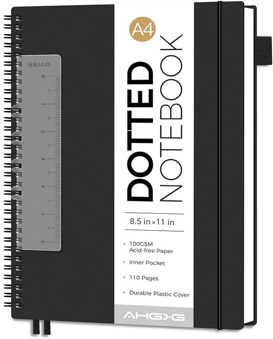 AHGXG Dotted Journal - Dot Grid Spiral Notebook 8.5" x 11", A4 Large Dotted Notebook, 100 GSM Thick Paper, Waterproof Plastic Cover Journals for Journaling, Sketching, Black