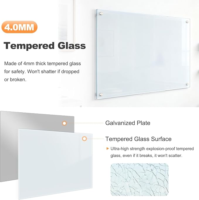 Glass Magnetic Dry Erase Board, 24" x 18" （2'x1.5'） Tempered Glass Whiteboard Wall Mounted Small White Board for Home, Office, School