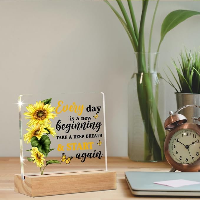 Motivational Sunflower Gifts Desk Accessories for Women Office Decor | Inspirational Gifts, Every Day Is a New Beginning, Positive Home Desk Decorative Sign, Clear, Acrylic, 4 x 4 Inches
