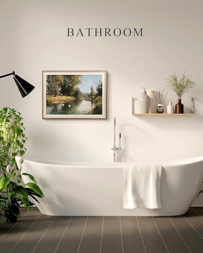 VIYYIEA Framed Wall Art for Living Room, Peaceful River Landscape Canvas Prints, Vintage Pastoral Countryside Nature Home Decor, Bedroom Kitchen Office Bathroom Wall Decor, 12x16 Inch